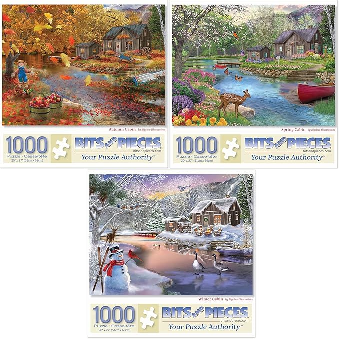 Bits and Pieces – Value Set of Three Jigsaw Puzzles for Adults – Autumn, Winter & Spring Cabin – 300 & 500 Pieces 18" x 24", 1000 Piece 20" x 27" Options (Three 1000 Piece Jigsaw Puzzles)