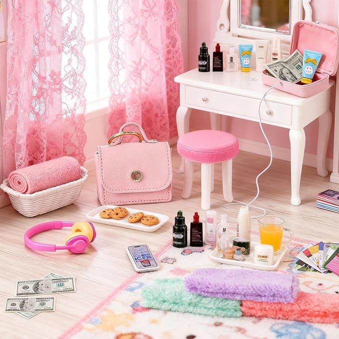 116Pcs Dollhouse Mini Accessories Set - Makeup Tools Bathroom Toiletries Handbag for DIY Micro Scene Decoration Simulation Shampoo Hair Dryer Cosmetic Brush for Bedroom Girl Novelty Toy Jewelry Box