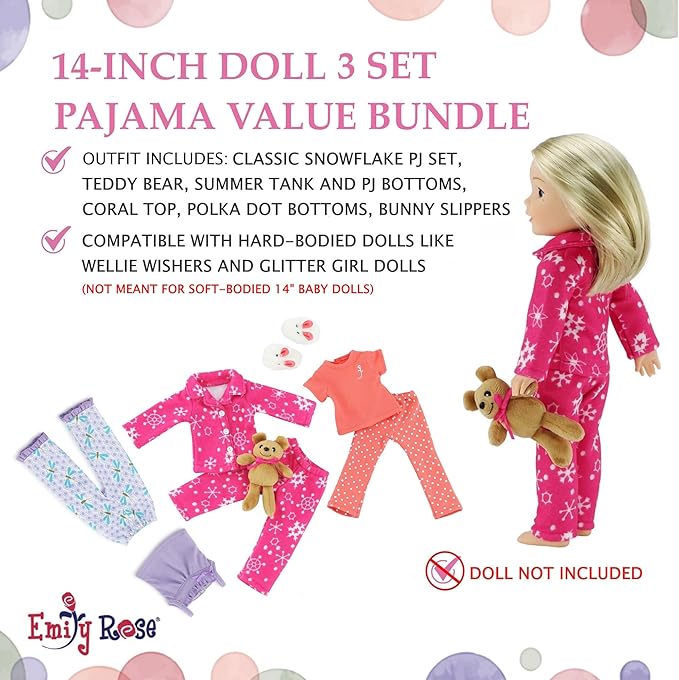 Emily Rose 14 & 14.5 Inch Doll 8-Piece Pajama Bundle | Seasonal PJs Gift Set with Teddy Bear and Bunny Slippers | USA Brand 14” Doll Pajamas | Fits Wellie Wishers Glitter Girls Hearts for Hearts Dolls