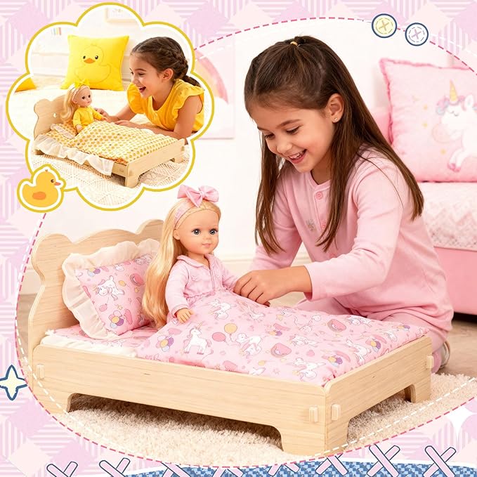 Halloscume 6 Set 18 Inch Doll Bedding Accessories Set, Included Comforter, Mattress, Pillow Cute Accessories- Fits 18 Doll Beds, Bunkbeds, Cribs and Cradles, Featuring Pretty Lace and a Securing Cord
