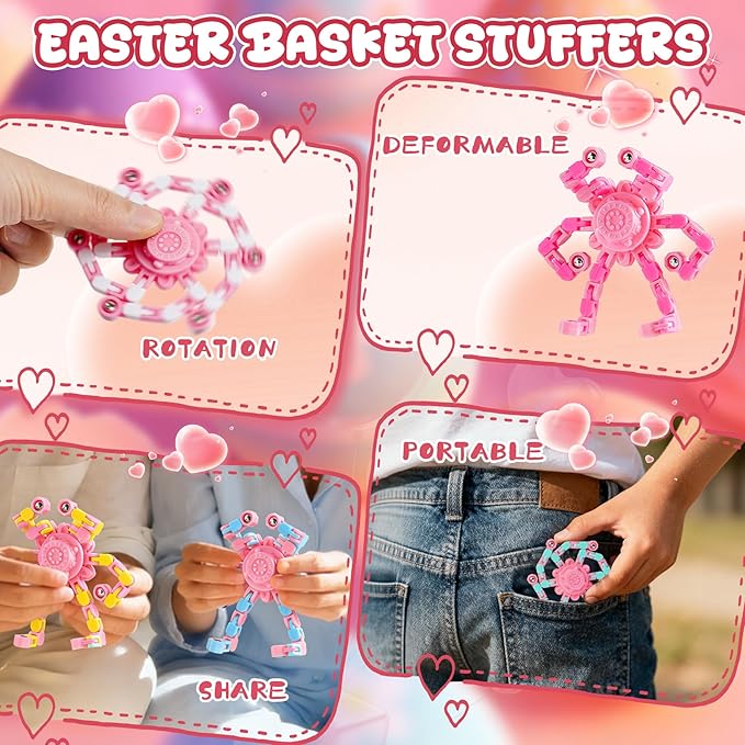 24PCS Pink Transformable Fidget Spinners,Easter Basket Stuffers for Girls,Easter Sensory Fidget Stress Relief Toys,Easter Egg fillers Fidget Toys