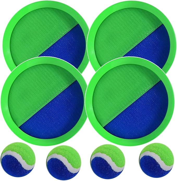 AppleRound Toss and Catch Velcro Ball Set (Hook and Loop), Kids Outdoor Games, Beach Toys, Backyard Sports, Paddle Ball Games (Pack of 4 Paddles and 4 Balls)