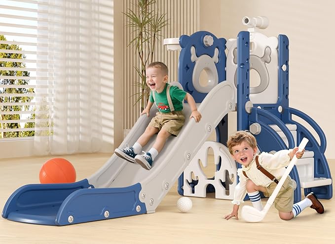 XJD 7 in 1 Toddler Slide, Kids Indoor Slide for Toddlers 12 to 36 Months, New Upgrade with Golf, Basketball Hoop for Indoor Outdoor Playset, Birthday Gifts for Toddler (Blue Gley)