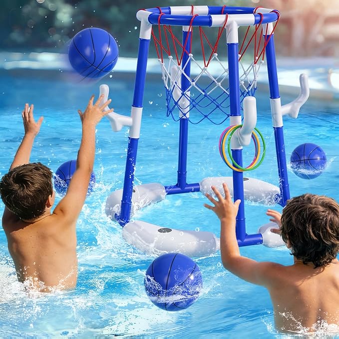 Pool Basketball Hoop for Kids 4-8 & 8-12 Years Old - 2-in-1 Floating & Above Ground Water Game with 4 Balls, 12 Rings & Pump, Outdoor Play Swimming Pool Toy for Adult Summer Party