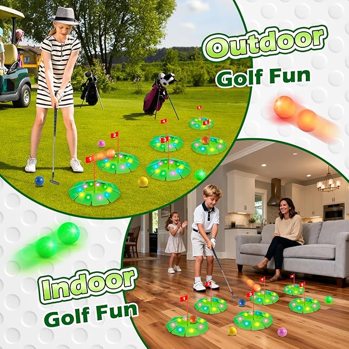 VATOS Light up Golf Putting Game Set - Glow Golf Toy with 6 LED Holes, 6 Balls (2 Glow), Extendable Putter, Build Your Own Course at Home Indoor Outdoor Yard Office Golfs Gifts for Kids Adults Golfer