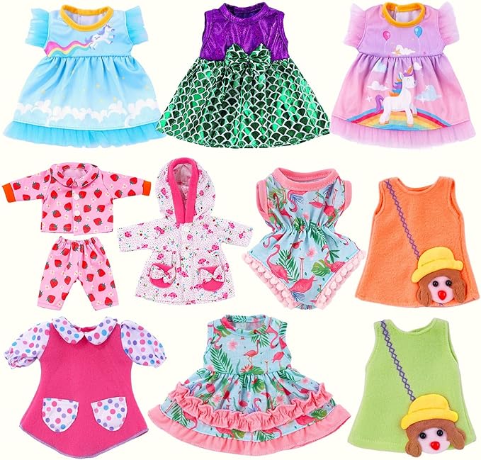 BABESIDE 10 Sets Baby Doll Clothes & Accessories for 8/10/11 Inch Baby Dolls, Includes Cute Jumpsuit & Skirts, 3+ Year Old Girls Gifts, Pretend Play
