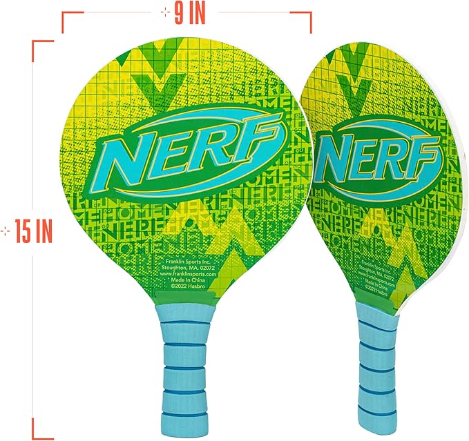 NERF Paddleball Set - Fun Paddleball Beach Game for Adults + Kids - Fun Outdoor Pool + Beach Water Sports Game - Includes (2) Wooden Paddles + (1) NERF Paddle Ball - Complete Set