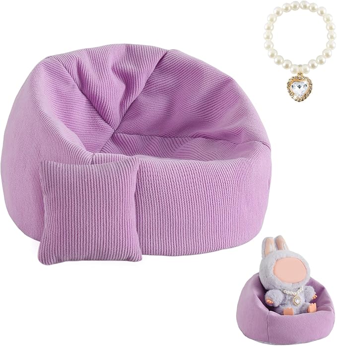 Cute Doll Car Seat for Labubu, Premium Handmade Sofa for 4-7in Dolls, Beautiful Dispaly Doll Accessories with Anti-Slip Bottom(Purple)