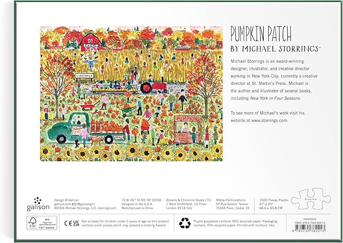 Galison Pumpkin Patch – 1000 Piece Michael Storrings Jigsaw Puzzle Featuring Beautiful Artwork of A Pumpkin Patch During A Fall Day