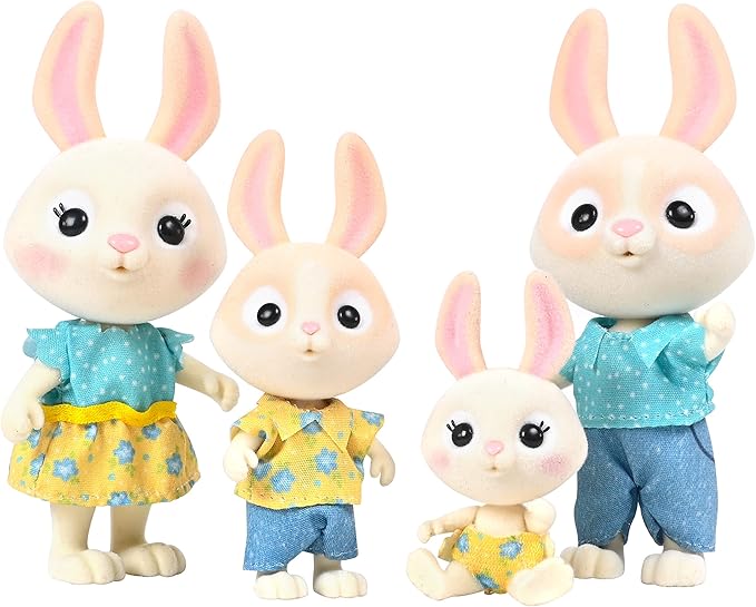 Honey Bee Acres The McScampers Rabbit Family, 4 Mini Flocked Doll Play Figures, Bunny Collectibles, Pretend Play Toys for Kids, Valentines, Easter Basket, Birthday Gift for Girls 3+