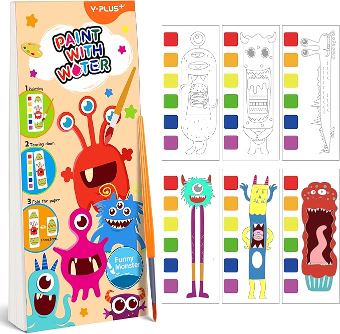 YPLUS Pocket Paint with Water Book for Toddler, Art Activities Craft Toys Watercolor Painting Paper for Kids, Gift for Kids Ages 1-3, 2-4, 4-6,Drawing with Brush - Monsters