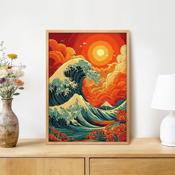 Japanese Great Wave 1000 Piece Puzzle for Adults - Ukiyo-e Style Wave & Red Sun Mountain Art, Poster & Lettered Back, 20"x28" HD, Gift for Japanese Art & Nature Lovers