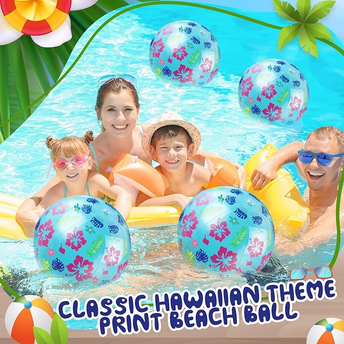 12 Pack Hawaiian Beach Ball 8.5 in Inflatable Beach Balls Bulk for Kids & Adults Cartoon Swimming Pool Toys Pool Party Favors for Birthday Summer Outdoor
