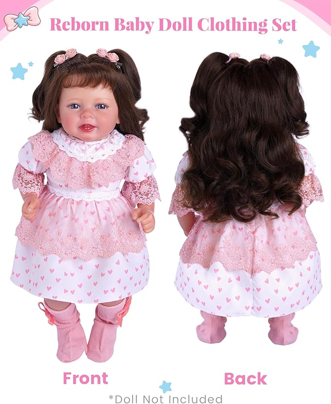 BABESIDE 5 Pcs Reborn Baby Doll Clothes Accessories Set for 17-22 Inch Dolls, Reborn Doll Dress with Socks Diaper Reusable and Pink Rose Hair Clips for Realistic Baby Dolls Girls