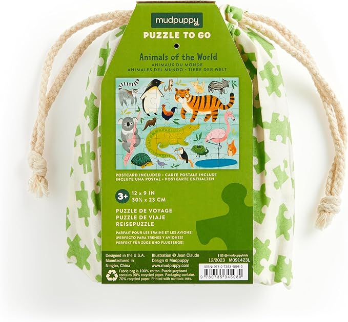 Mudpuppy Animals of The World to Go Puzzle, 36 Pieces – Great for Kids Ages 3+ - Perfect for Travel, Easy Clean-Up, Packaged in Secure, Reusable Fabric Bag