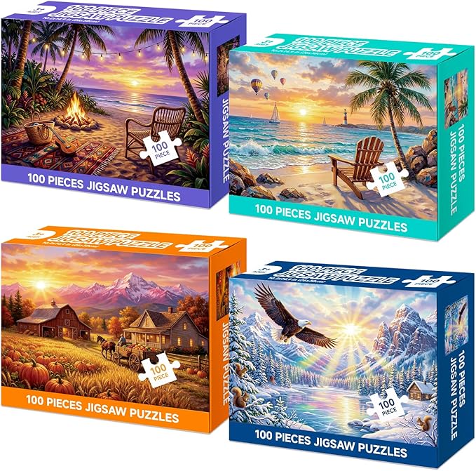 4 Packs 100 Piece Puzzle, Beach Harvest Winter Campfire 100 Piece Puzzles for Adults Seniors, Nature Landscape Large Piece Jigsaw Puzzles 100 Pieces for Seniors Adults Family Game Gifts (15x10 in)