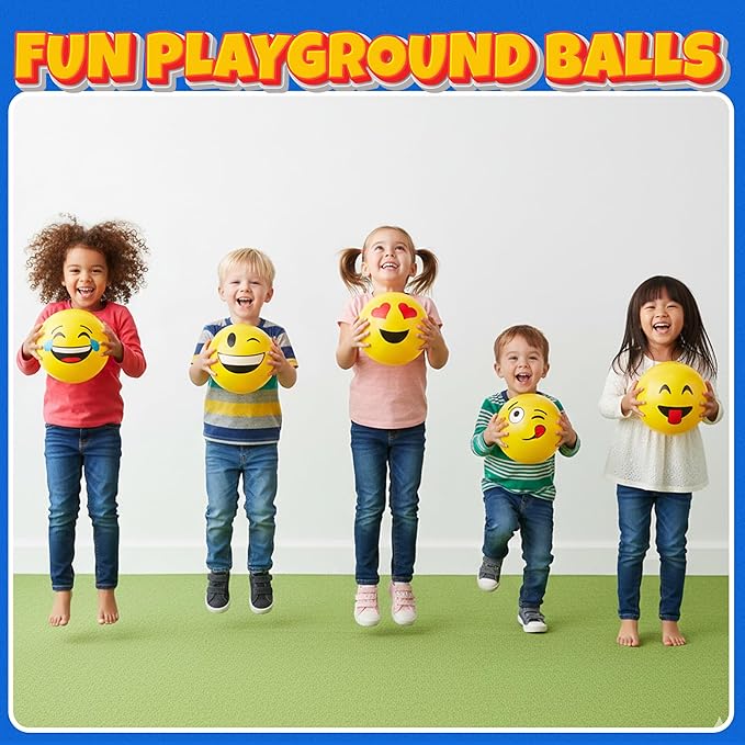8.5-Inch Happy Face Bouncing Balls for Kids & Toddlers (Pack of 5) - Playground Balls w/ 5 Fun Designs - Lightweight Play Bouncy Ball Gifts for Boys & Girls