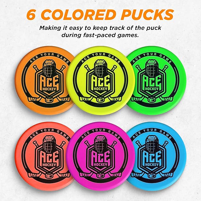 ACE HOCKEY Foam Pucks - Set of 6 Indoor Knee Hockey Pucks - Soft Hockey Pucks, Official Regulation Size 3" Floor Hockey Pucks - Rainbow Colors