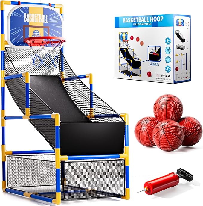 Kids Arcade Basketball Game Set with 4 Balls and Air Pump, Indoor Outdoor Basketball Hoop Sports Toy Gifts for Kids Boys Girls 3-12 Years Old, Ideal for Competition and Carnival Party Games