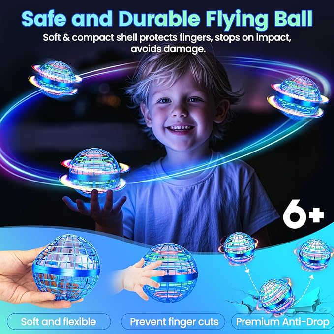 Flying Orb Ball Toy, 2026 Upgrade Hand Controlled Hover Ball with LED Lights, 360° Rotating Boomerang Globe Cool Mini Drone, Ideal Birthday&Christmas Gift for Boys Girls-Bright Blue
