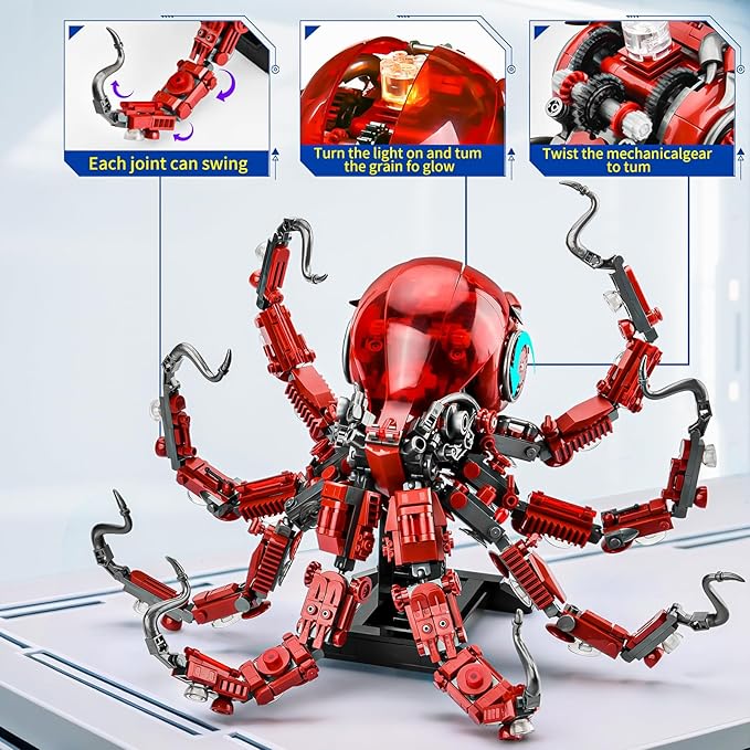 Mechanical Octopus Building Sets for Adult, Ocean Animal Collection Toy with Display Stand and Light, Home Office Decor and Idea Gift for Teen 14+(882PCS)