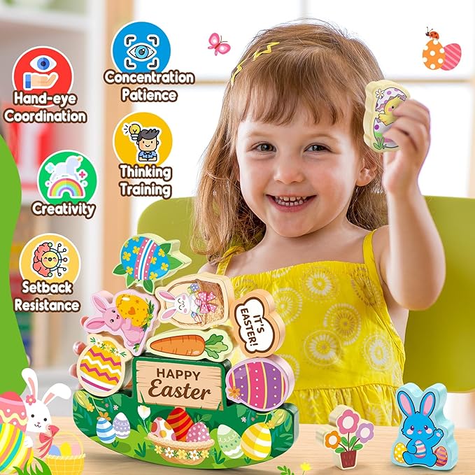 Easter Basket Stuffers Gifts for Kids Toddler Easter Toys 11 Pcs Wooden Stacking Blocks Toy for 3 4 5 6 7 8 9 10 Year Old Boys Girls Kid Balance Competition Games for Ages 5-7 Toddlers Gift