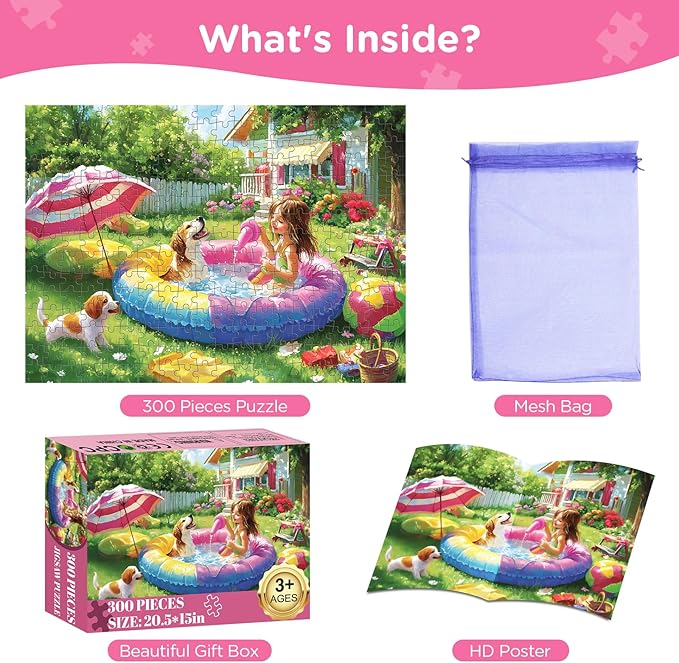 300 Piece Puzzles for Adults,Jigsaw Puzzles 300 Pieces Summer Puzzle,Dog Puzzle for Adults Kids Seniors,Girl Jigsaw Puzzle Games Premium Cardboard Puzzles Birthday Party Family Activity Great Gift