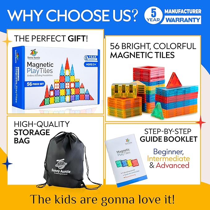 Magnetic Tiles 56 PCS Building Set – Magnetic Building Tiles STEM Toy for Kids & Toddlers Ages 3-8, Magnet Construction Set for Boys & Girls