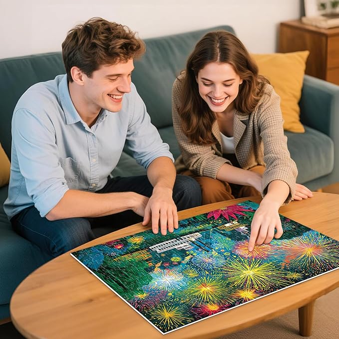 300 Piece Puzzle for Adults, Fireworks Celebration Jigsaw Puzzles, Blossoming Florals and Boats 300 Piece Adult Puzzle with Letters on Back Premium Cardboard Puzzle, Gift for Family, 20.5×15 in