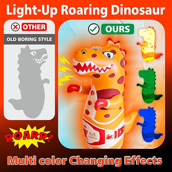Marwan Sports Punch, Light & Roar Dinosaur Punching Bag – 47" Inflatable Bop Bag for Kids Ages 3-14 | Bounce-Back Toy with Lights & Roaring Sounds | Active Play Gift for Toddlers & Children