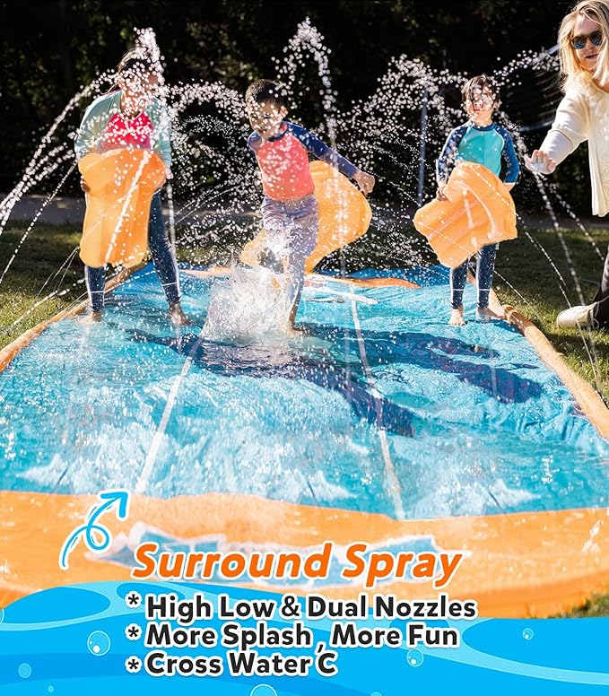 Spring Water Slip and Water Slide for Kids Backyard, 22ft*3 Racing Lanes Slip Water Slides with Sprinkler for Age 5-8 8-12, Summer Outdoor Water Toy with 3 Inflatable Bodyboards