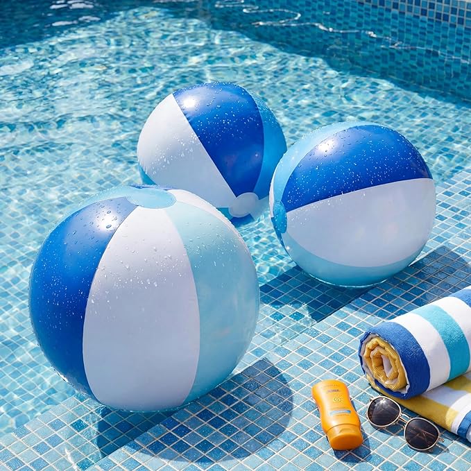 Realspring 12 Pcs Pastel Inflatable Beach Balls Kids Bulk Blue Stripe Jumbo Big Beach Balls Pool Floating Toys for Adults Water Games Baby Shower Birthday Summer Swimming Party Decor Favor(26.5 Inch)