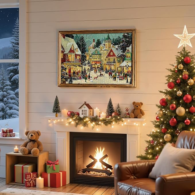 Christmas Puzzles for Adults 1000 Pieces, Winter Holiday Snow Town, 1000 Piece Puzzle for Adults Seniors, Christmas Vacation Jigsaw Puzzles with Letters on Back, Fun Gifts Decor, 1:1 Poster