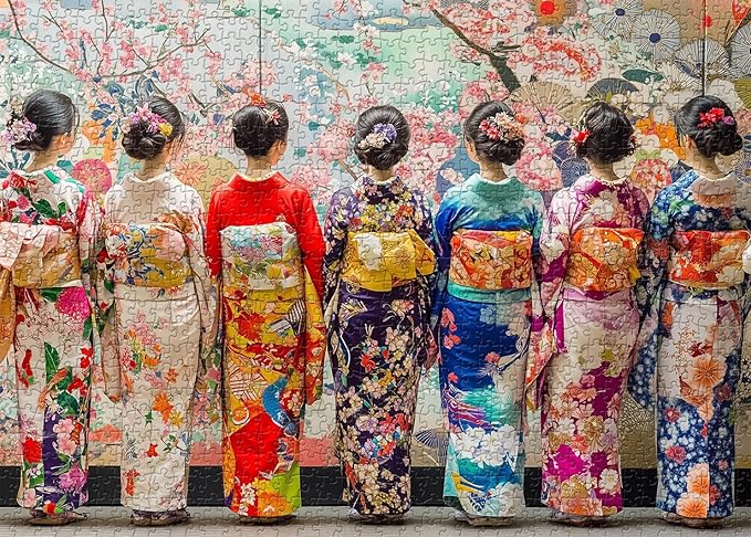 PICKFORU Elegant Kimono Puzzles for Adults 1000 Pieces, Intage Cherry Blossom Geisha Puzzles, Colorful Unique Japanese Art Puzzle as Wall Decor