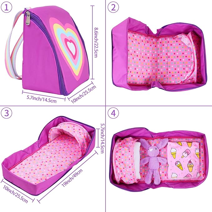 Ecore Fun 18 Inch Doll Clothes and Accessories, Bedding Accessories (8pcs) - Multi-Functional Sling Bag(Unfold Into A Bed), Pajamas, Slippers, Pillow, Blanket, Toy Rabbit, Hairband