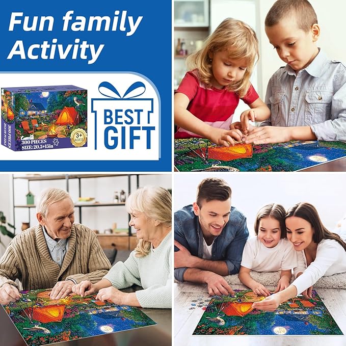300 Pieces Puzzles for Adults,Moonlight Backyard Camping Puzzle,300 Pieces Puzzle for Adults Large Piece,Cute Cat Jigsaw Puzzles for Kids Ages 8-10,Gifts for Christmas Family Games Lovers 20.5 x 15 in