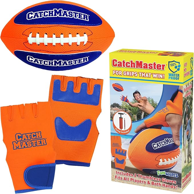 CatchMaster Water Football Set – Pool & Beach Easy Catch Hook-and-Loop Ball + 2 Gloves, Waterproof Outdoor Backyard Game