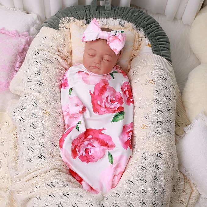 BABESIDE Reborn Baby Doll Blanket with Headband for 17-24 Inch Babydolls, Reborn Baby Doll Accessories Swaddle Blanket Set for Realistic Babydolls Girl, Pink Floral Pattern