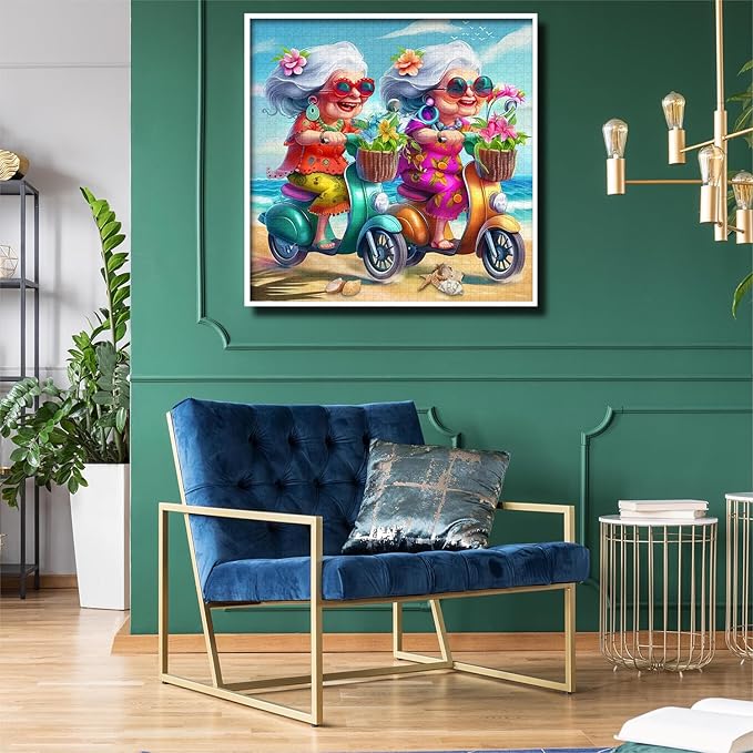 Summer Beach 1000 Piece Puzzle for Adults, PICKFORU Funny Beach Ride Jigsaw Puzzles, Unique Difficult Grandma Motorcycle Theme as Home Decor