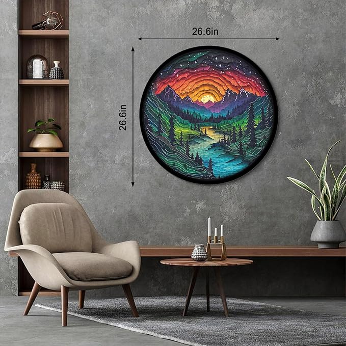 Magic Forest Puzzles for Adults 1000 Pieces, Nature Round Tree Mountain River Sunset Landscape Puzzle, Colorful Paper Cut Art Puzzle, Difficult Hard Challenge Jigsaw Puzzle