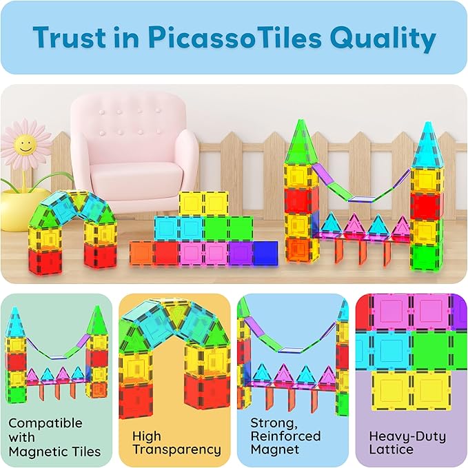 PicassoTiles Magnetic Building Block Magnet Tile Construction Kit for Kids Educational STEM Learning Playboard Pretend Play Toy Stacking Shapes Brain Development Preschool Toddler Activity Set PTE04