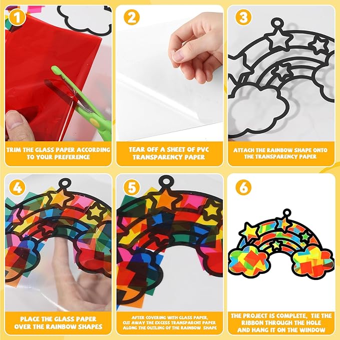 QOUBAI 32 Sets Rainbow Suncatchers Craft Kit DIY Window Stained Glass Effect Planet Rainbow Sun Paper Crafts Home School Classroom Decoration Kid Birthday Gift Creative Art Project Activity Game