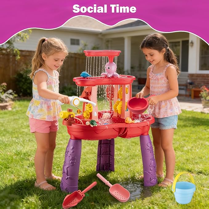 Water Table for Toddlers 3-5 Outdoor Toys for Kids Ages 4-8 3-Tier Kids Sand Water Table with Fishing Game Set Activity Sensory Table Summer Gift Beach Outside Toys for Toddler Girl
