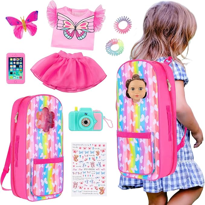 UNICORN ELEMENT 9 Items 18 inch Dolls Bag Set and Accessories Doll Carrier Including 18 Inch Doll Clothes, Camera, Sunglasses, Backpack and Sticker