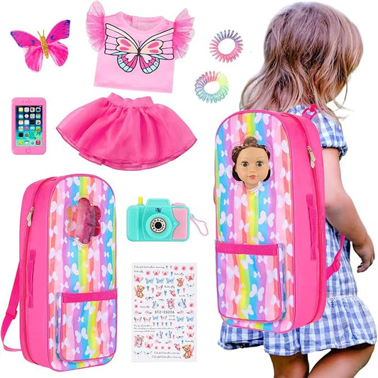 UNICORN ELEMENT 9 Items 18 inch Dolls Bag Set and Accessories Doll Carrier Including 18 Inch Doll Clothes, Camera, Sunglasses, Backpack and Sticker