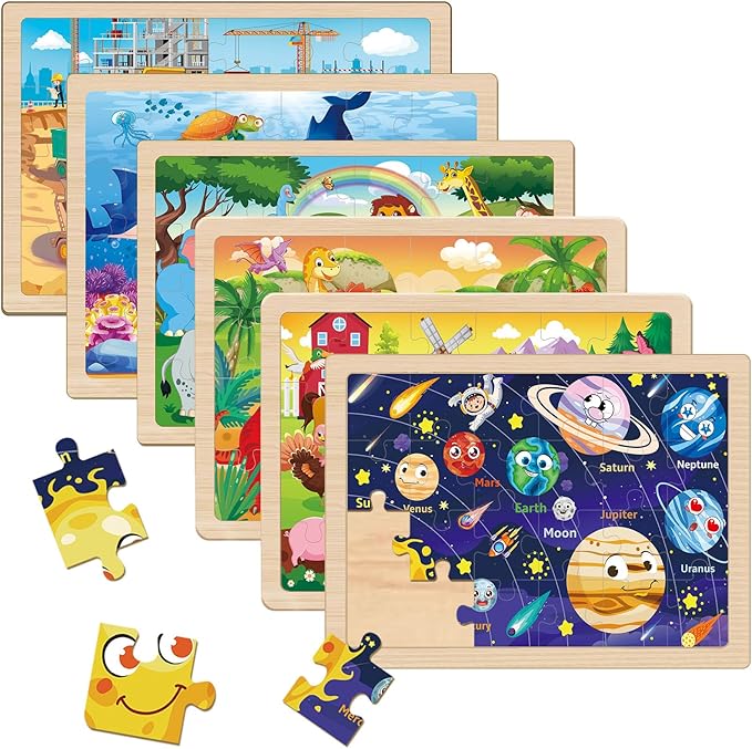 Wooden Puzzles for Kids Ages 4-6, 6 Packs 24 Pcs Jigsaw Puzzles Preschool Educational Toys Gifts for Children Ages 3 4 5 6 Year Old Kids Puzzles Ages 3-5 Year Olds Boys Girls