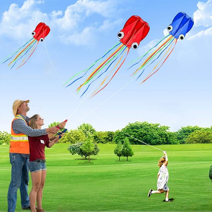 Large Octopus Kites, Long Tail Beautiful Easy Flyer Beach Kites, Good Kite for Kids and Adults Easy to Fly(Red+Blue)
