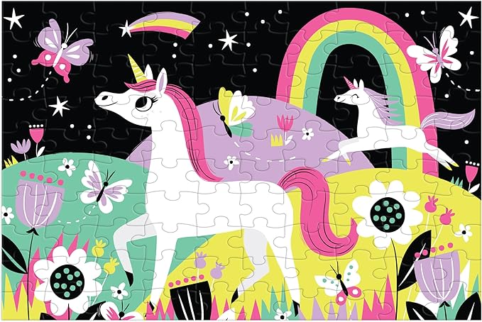 Mudpuppy Unicorns – 100 Piece Glow In The Dark Jigsaw Puzzle with a Wondrous Scene of Magical Unicorns and Hidden Hillside Details in the Dark