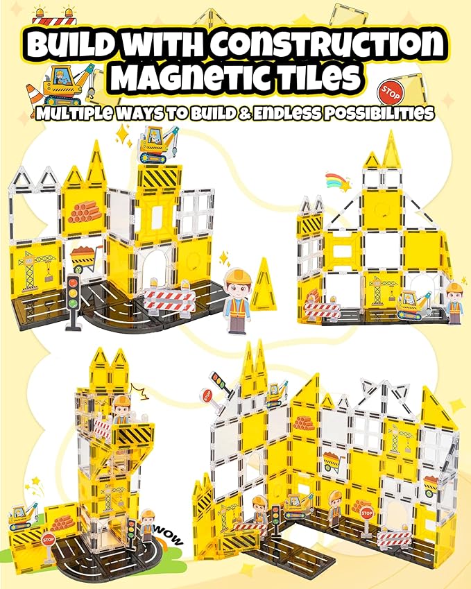Magnetic Tiles for Kids, Construction Magnetic Building Blocks,37pcs STEM Educational Magnet Toys, Ideal Gift for Boys & Girls for Christmas & Birthday