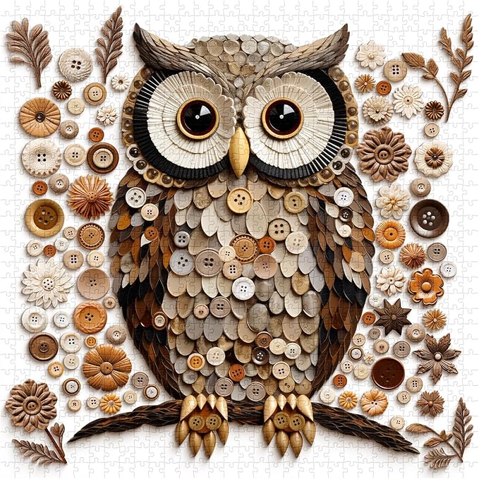 Button Owl Puzzles for Adults 1000 Pieces, Nature Forest Bird Jigsaw Puzzles, Vintage Animal Art Puzzle as Owl Decor
